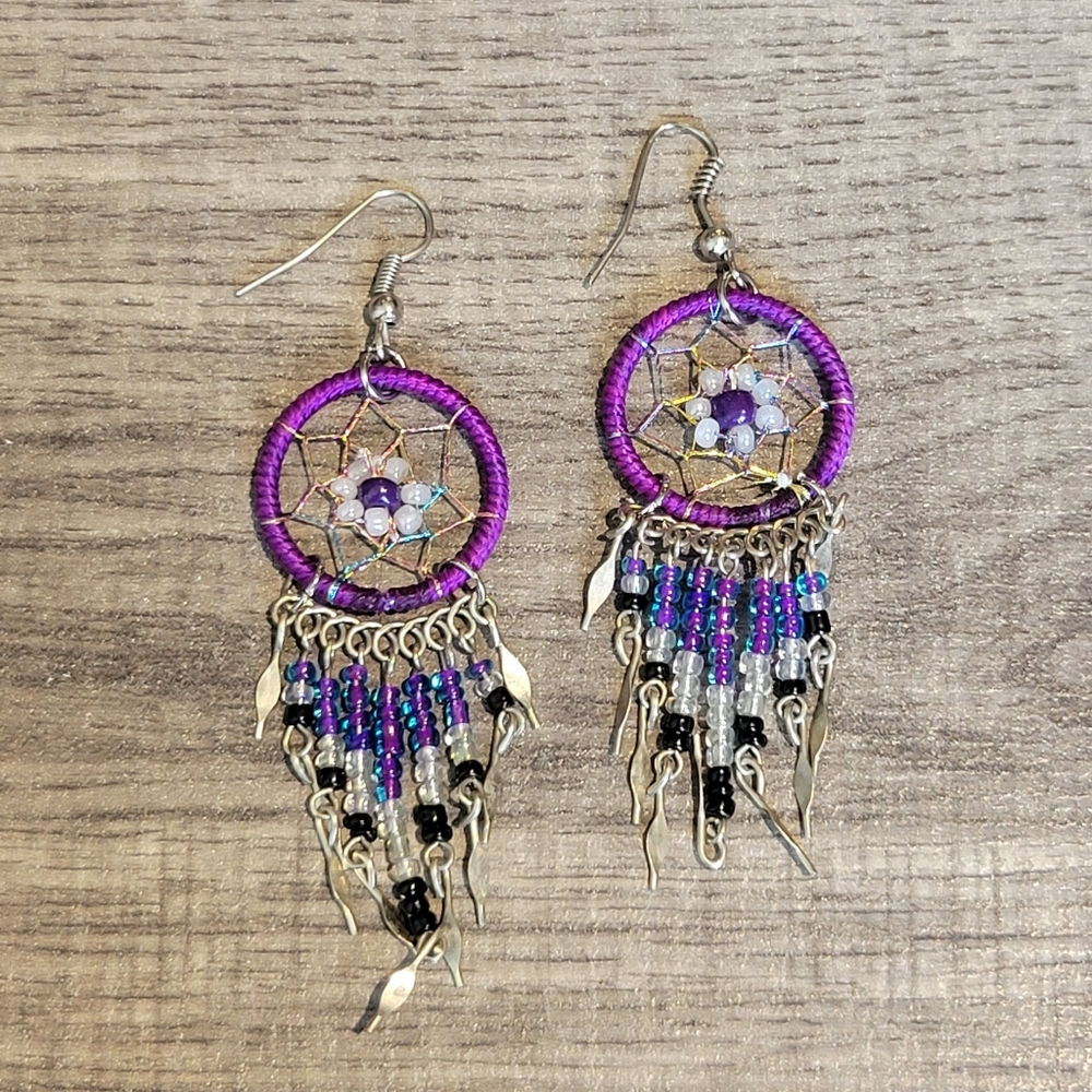 Dream Catcher Earrings Long Seed Beaded Metal Dangles - Womens Fashion Handmade